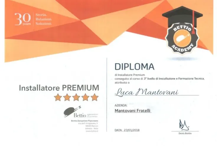 Certificazione Installatore qualificato premium zanzariere bettio