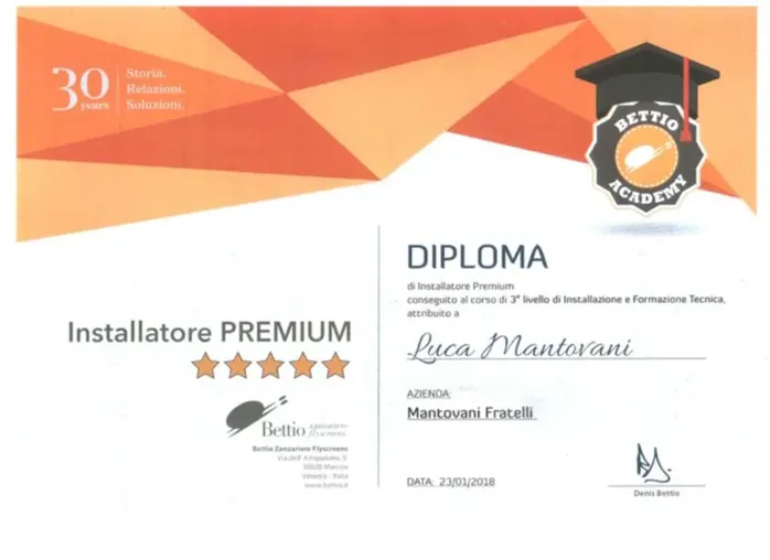 Certificazione Installatore qualificato premium zanzariere bettio